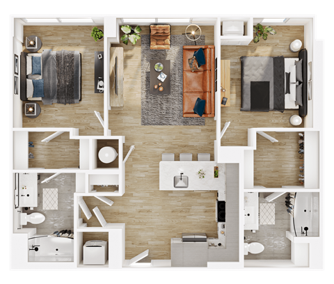 Floor plan for 2 beds, 2 baths, 947 sqft